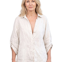 Women's Oversized Linen-Blend Button-Down Blouse in natural off-white linen, worn by a model, studio shot on white