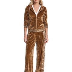 Women's leopard trim velvet hooded jacket and wide leg pants set in golden brown