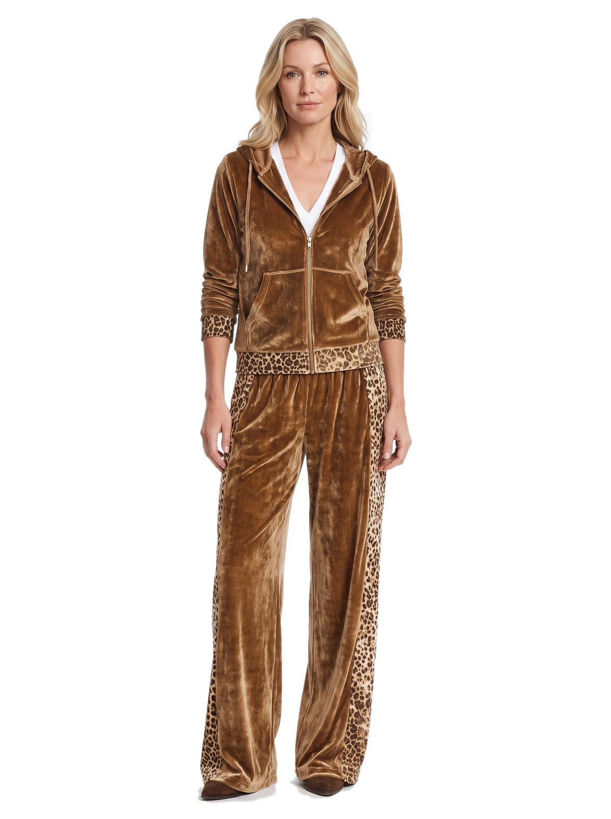 Women's leopard trim velvet hooded jacket and wide leg pants set in golden brown