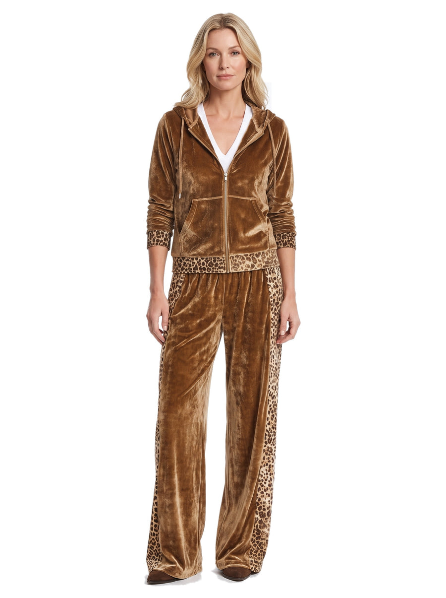 Women's leopard trim velvet hooded jacket and wide leg pants set in golden brown