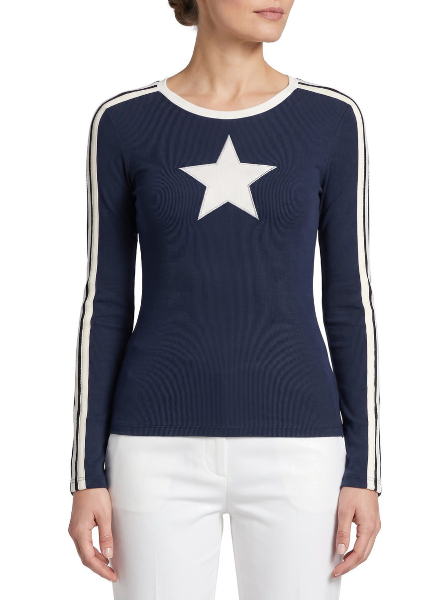 Women's Star-Applique Ribbed Long-Sleeve Tee in navy