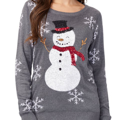Women's sequin snowman pullover sweater with snowflake sleeve detail in charcoal grey