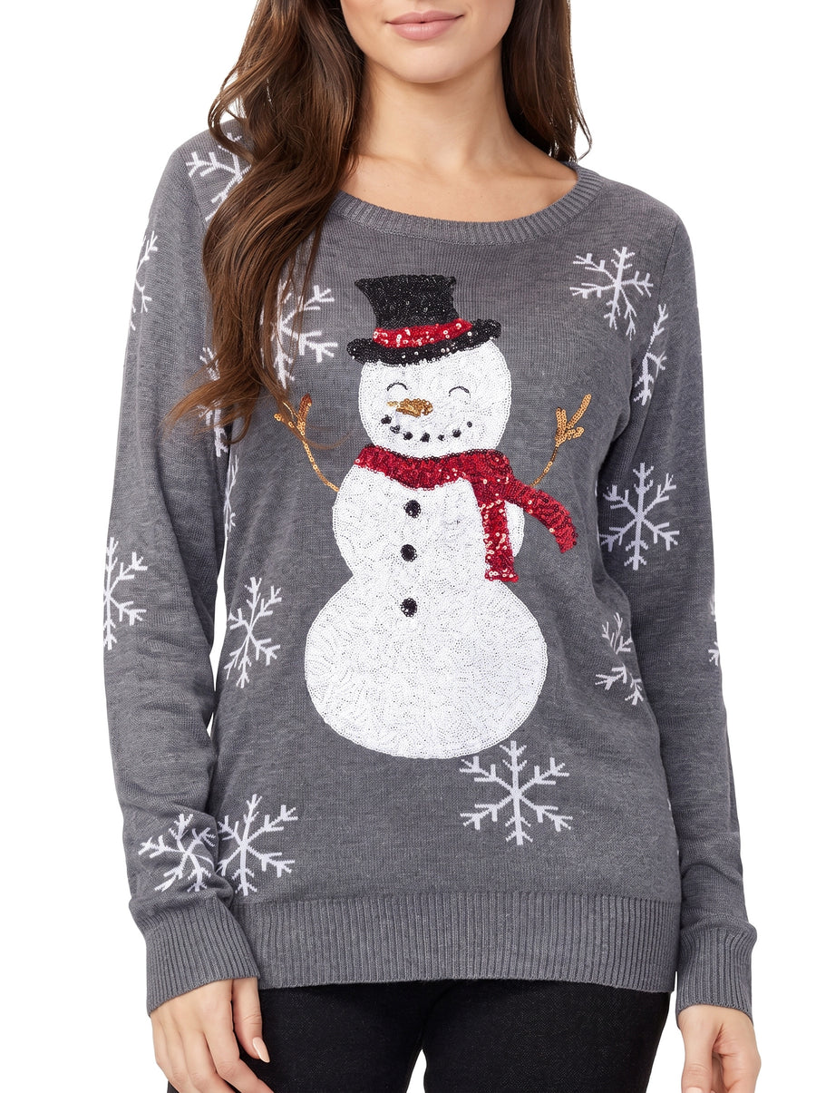 Women's sequin snowman pullover sweater with snowflake sleeve detail in charcoal grey