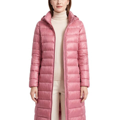 Woman wearing the Lavinia-Ingrid dusty pink detachable-hood ultralight puffer jacket