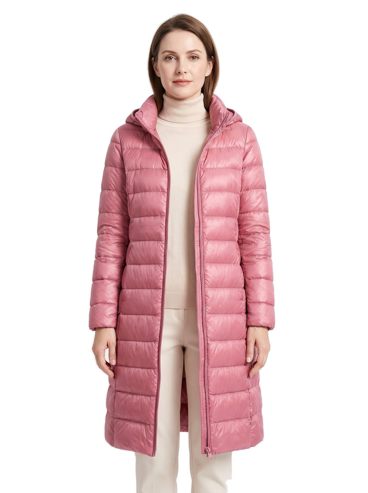 Woman wearing the Lavinia-Ingrid dusty pink detachable-hood ultralight puffer jacket