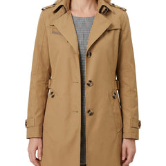 Women's double-breasted belted trench coat in camel, worn open with houndstooth lining