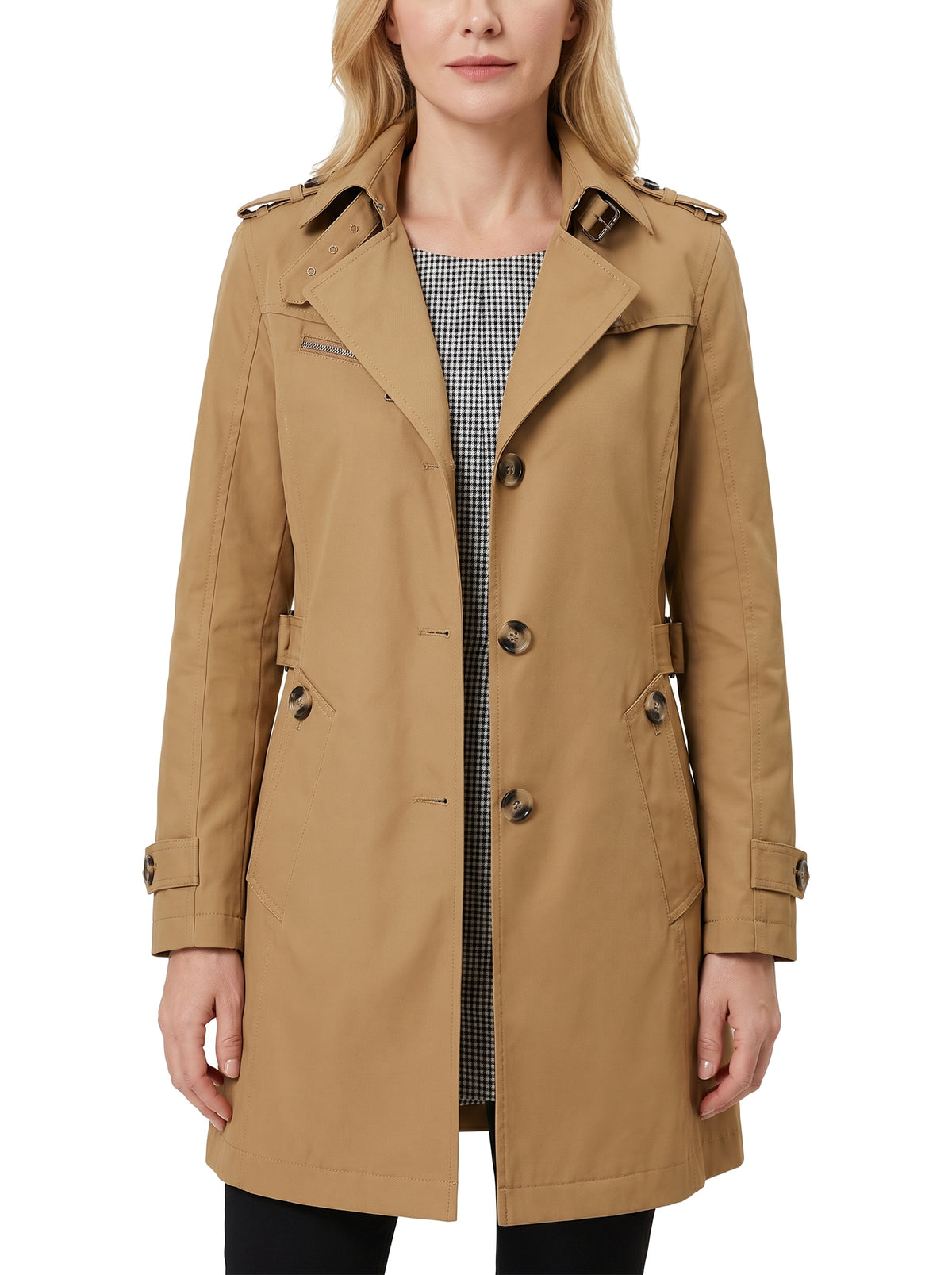 Women's double-breasted belted trench coat in camel, worn open with houndstooth lining