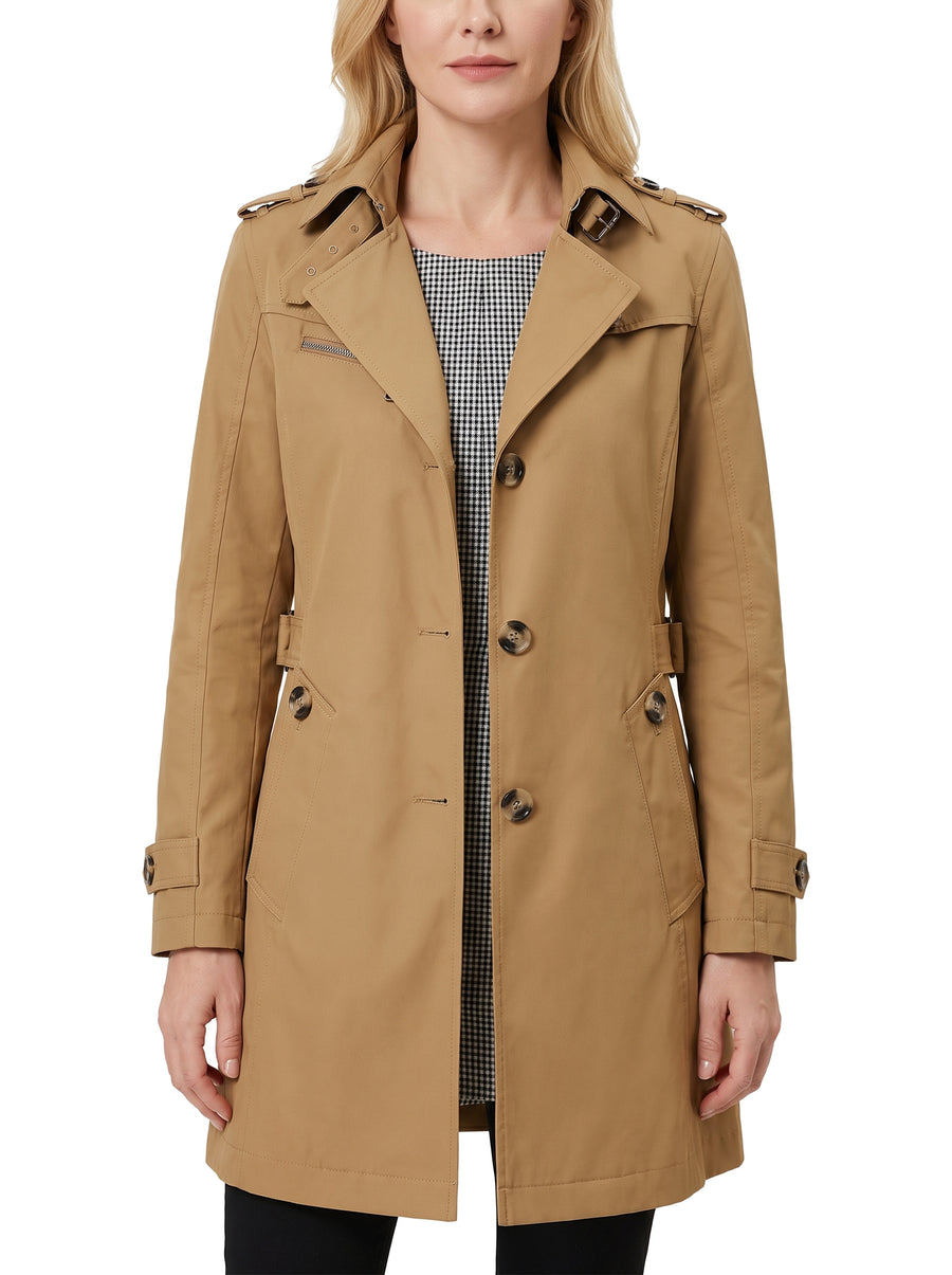 Women's double-breasted belted trench coat in camel, worn open with houndstooth lining