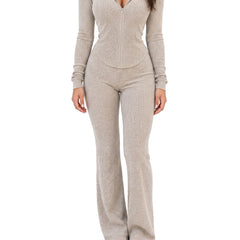 Women's hooded ribbed knit wide-leg lounge set in oatmeal beige