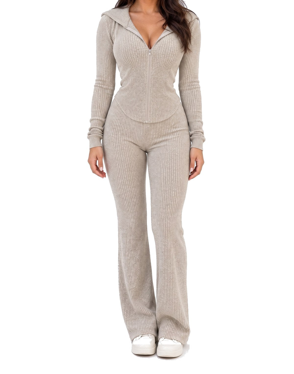 Women's hooded ribbed knit wide-leg lounge set in oatmeal beige