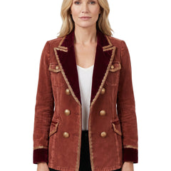 Women's velvet-trim rust military blazer with gold buttons