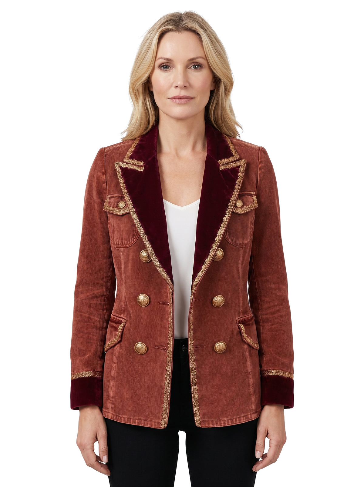 Women's velvet-trim rust military blazer with gold buttons
