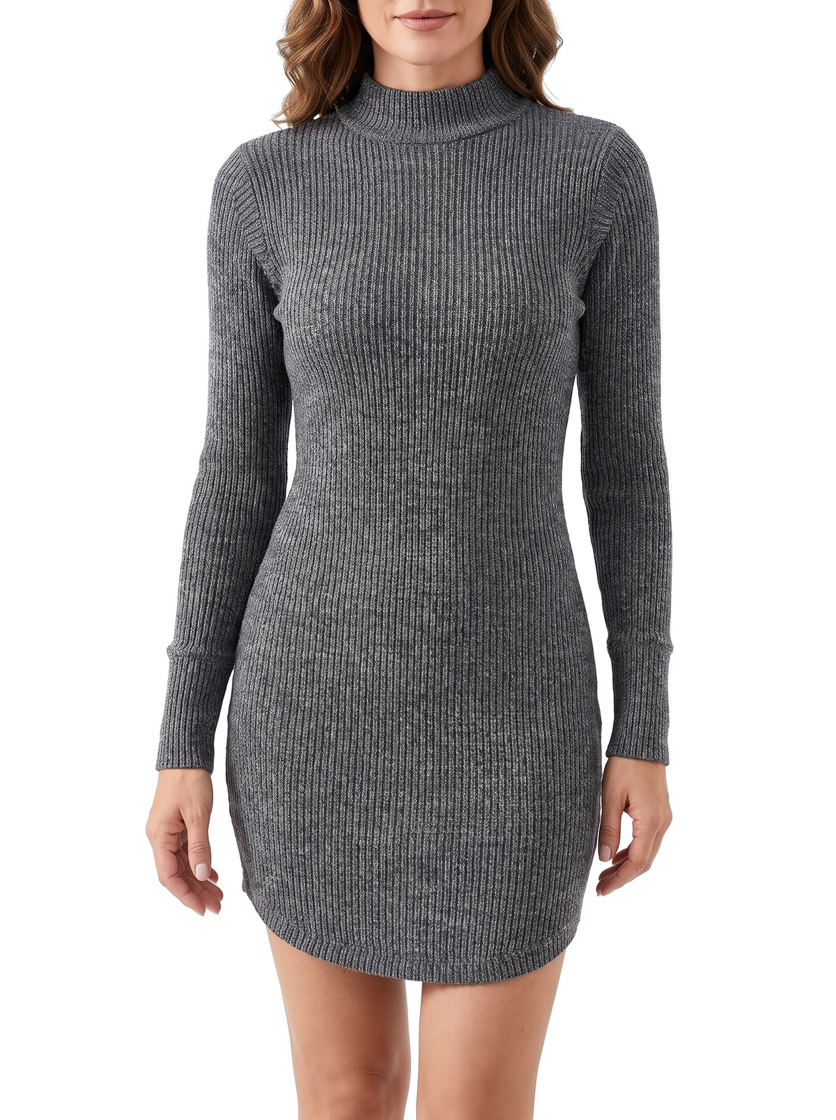 Women's ribbed turtleneck sweater dress in charcoal grey