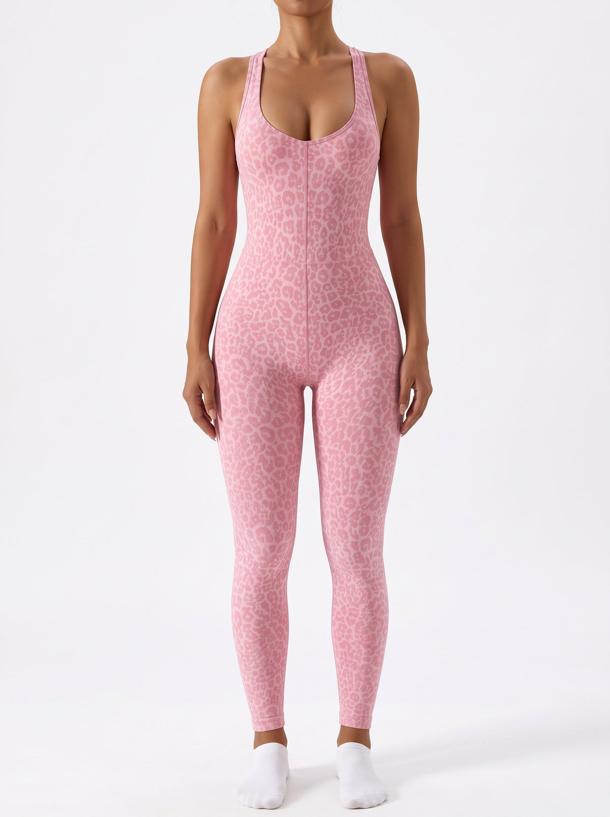 Women's Cross-Back Leopard Print Jumpsuit in pink