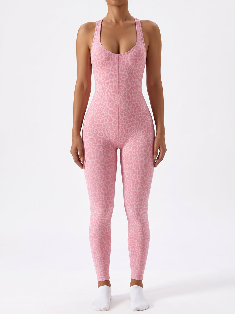 Women's Cross-Back Leopard Print Jumpsuit in pink