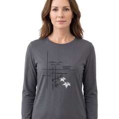 Woman wearing the charcoal grey silk-touch long-sleeve crew neck top