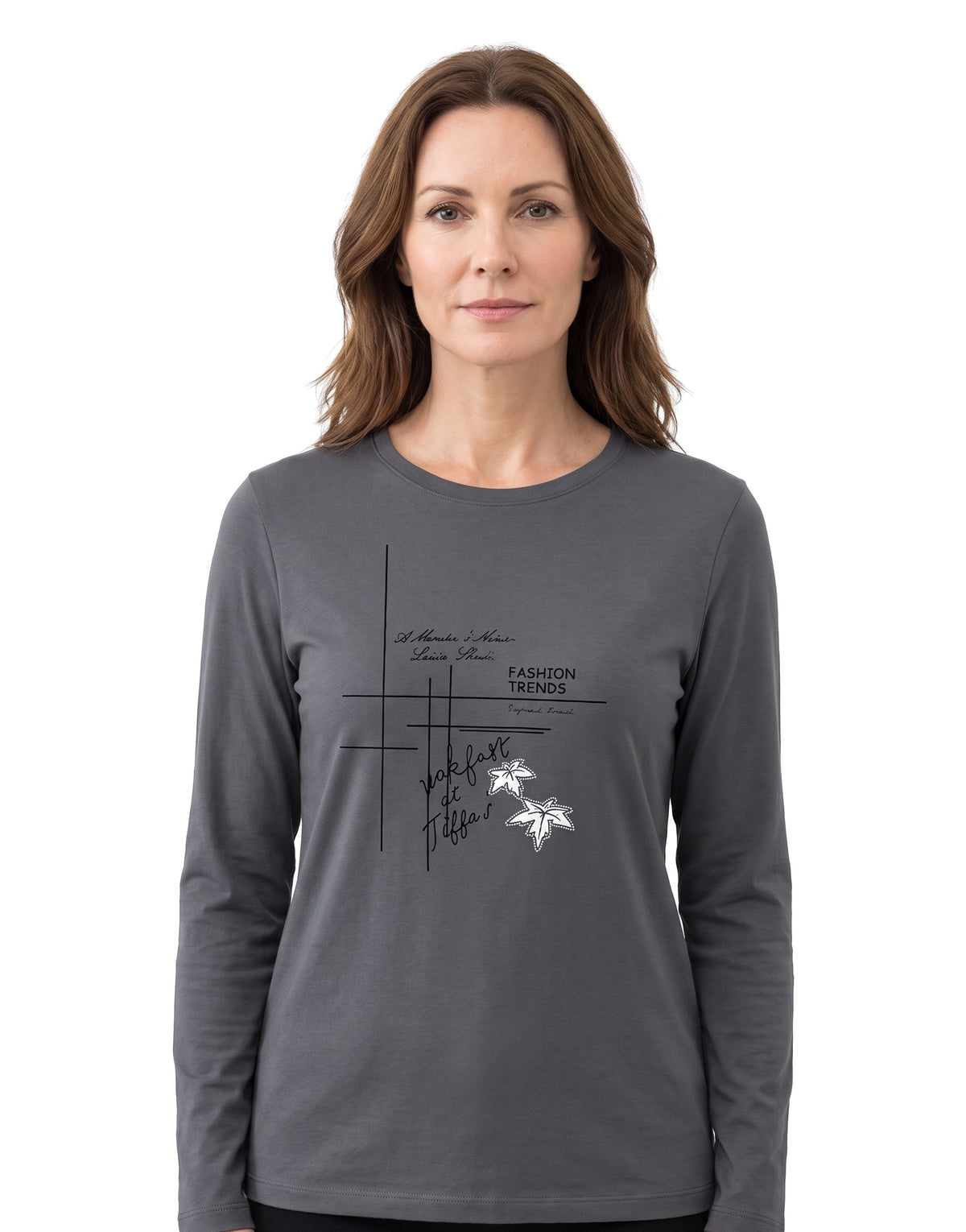 Woman wearing the charcoal grey silk-touch long-sleeve crew neck top