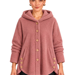 Women's hooded wooden-button fleece coat in dusty rose, worn front view