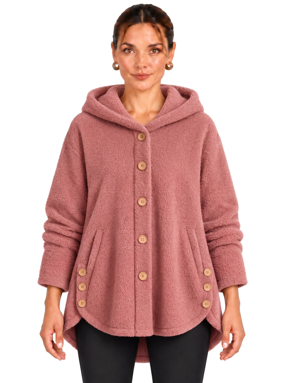 Women's hooded wooden-button fleece coat in dusty rose, worn front view