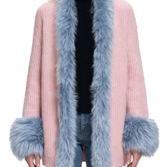 Women's faux fur trim shawl-collar chunky knit cardigan in light pink