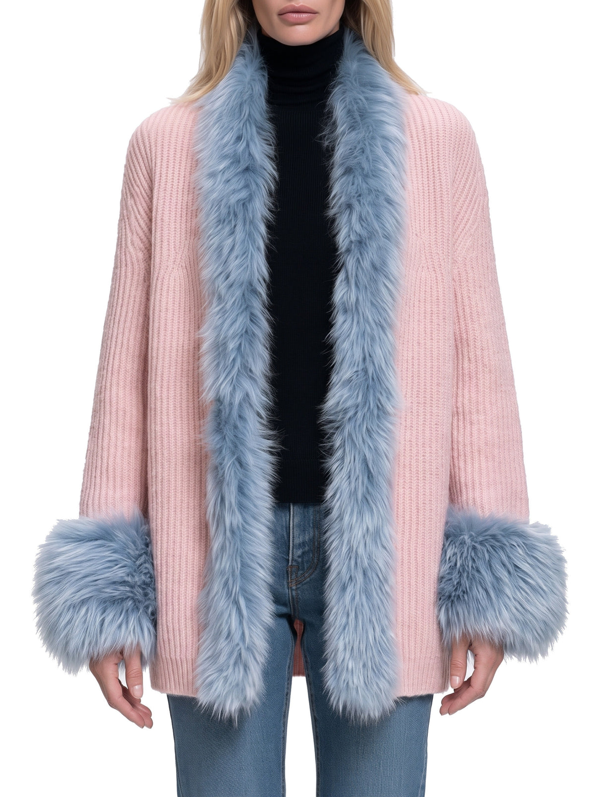 Women's faux fur trim shawl-collar chunky knit cardigan in light pink