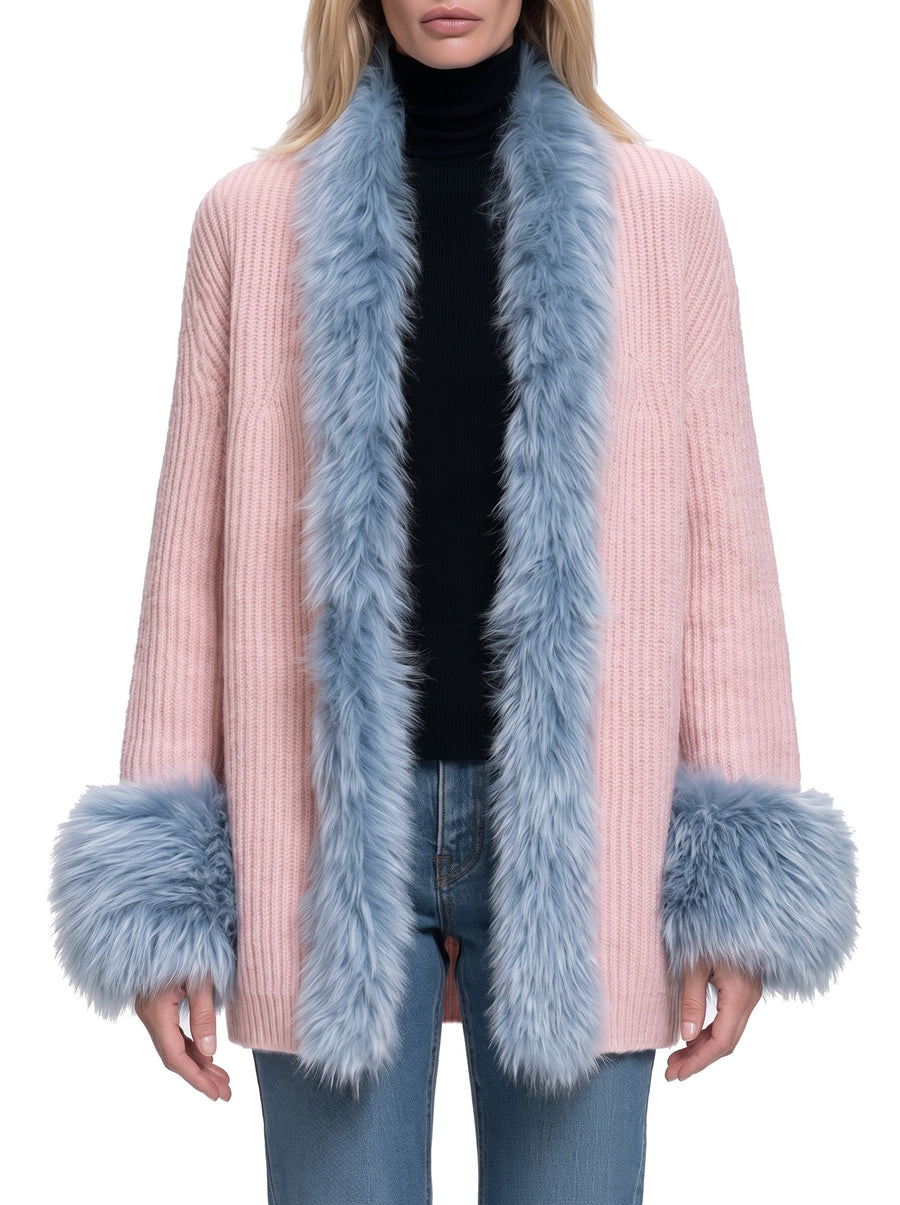 Women's faux fur trim shawl-collar chunky knit cardigan in light pink