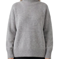 Women's dropped-shoulder high-neck grey wool sweater