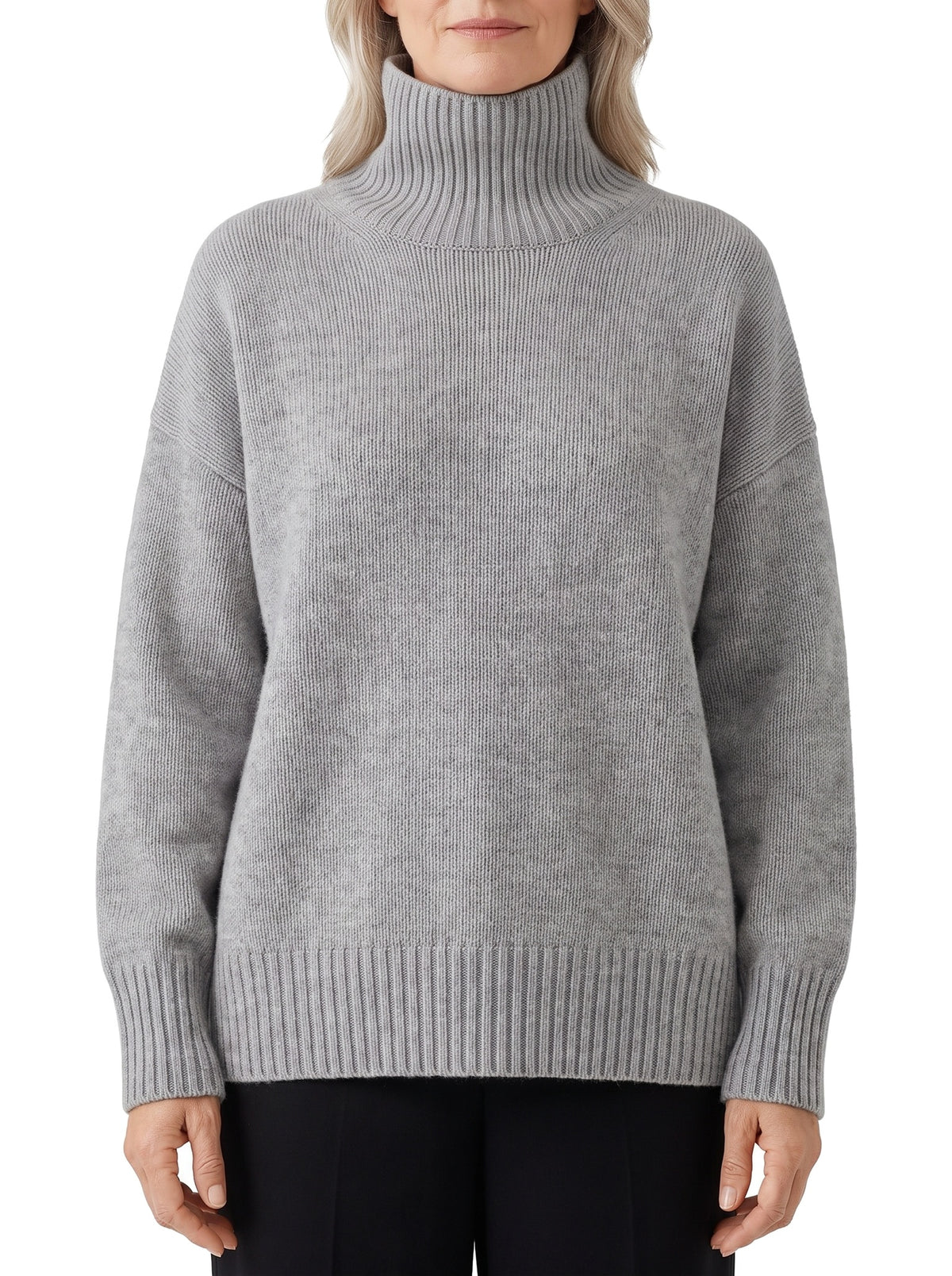 Women's dropped-shoulder high-neck grey wool sweater