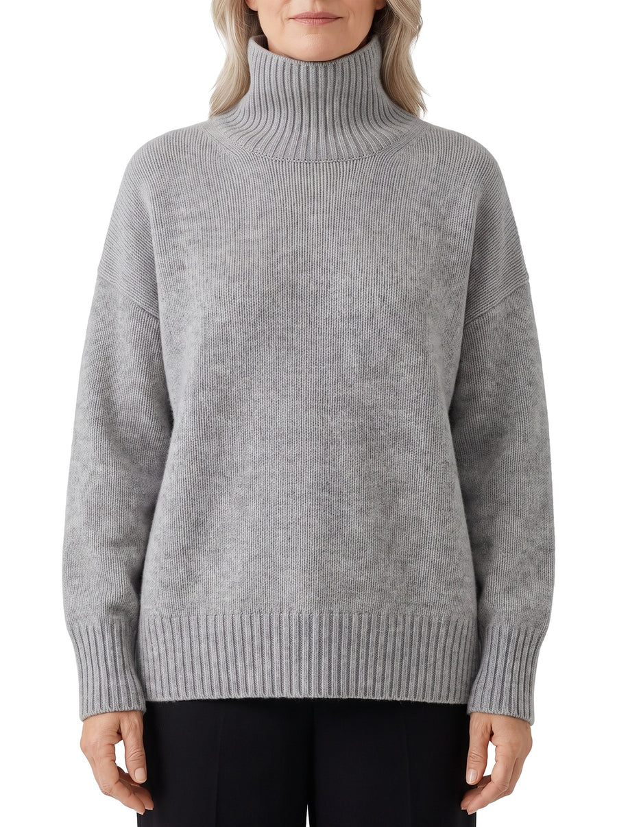 Women's dropped-shoulder high-neck grey wool sweater