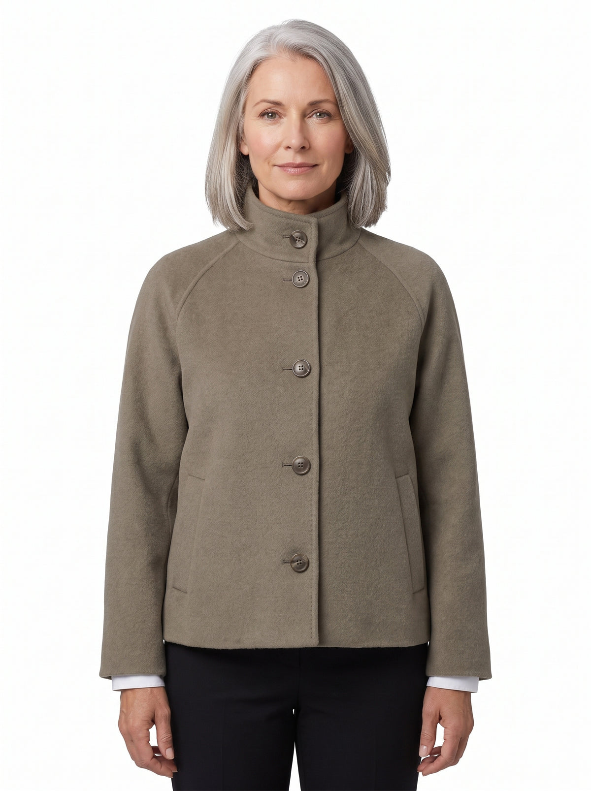 Carmen-Roberta women's snap-front faux cashmere short jacket in taupe