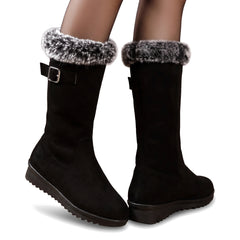 Louisa-Nella women's black suede fur-trimmed buckle-strap boots worn on feet