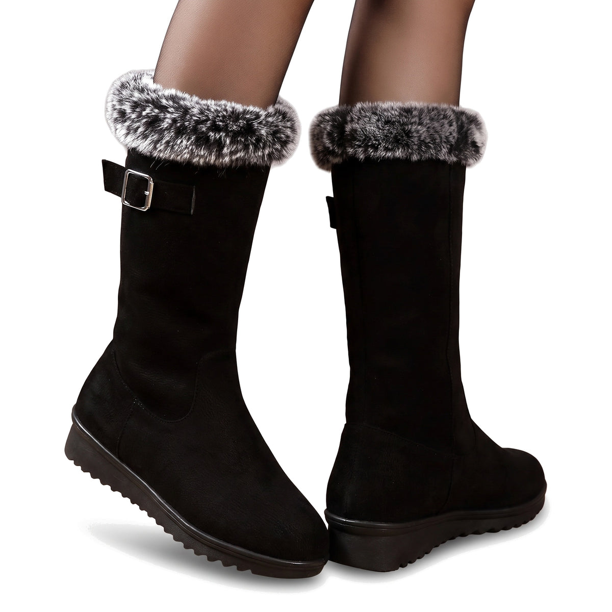 Louisa-Nella women's black suede fur-trimmed buckle-strap boots worn on feet