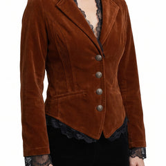 Women's lace-trimmed rust velvet blazer worn by a model
