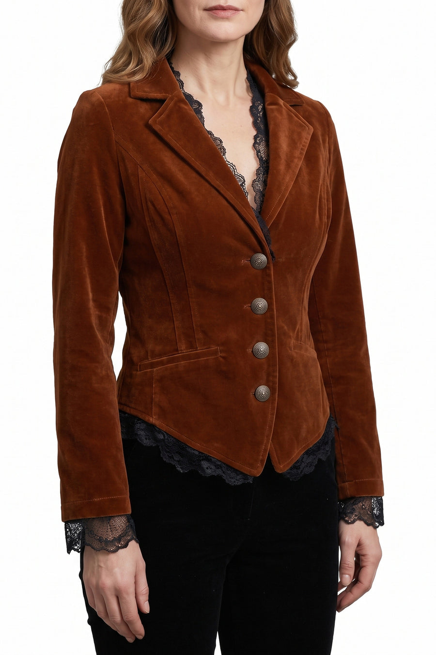 Women's lace-trimmed rust velvet blazer worn by a model