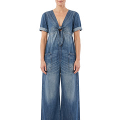 Women's denim wide-leg tie-front jumpsuit