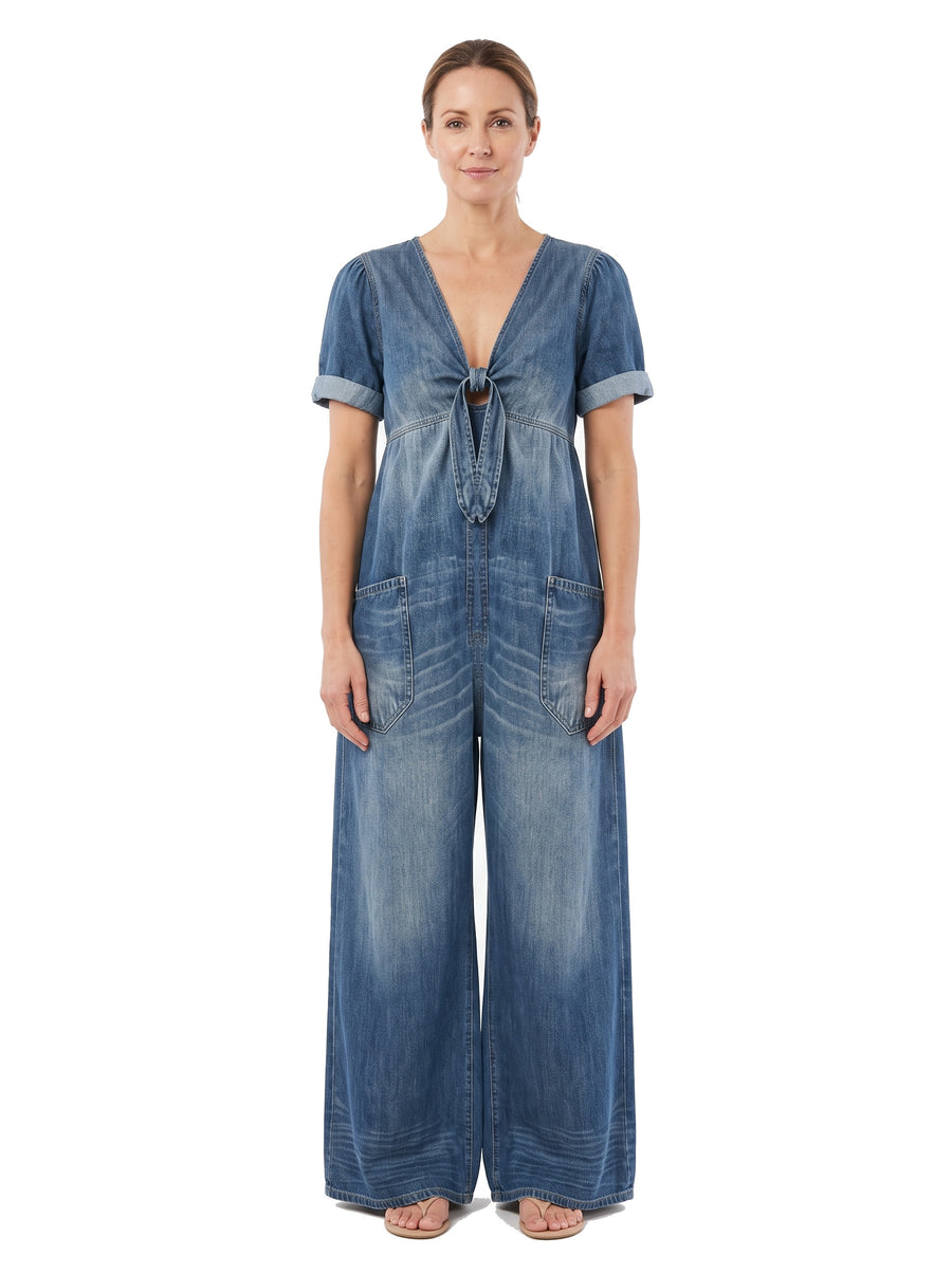 Women's denim wide-leg tie-front jumpsuit
