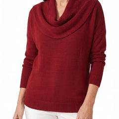 Women's draped cowl neck cotton jumper in deep red