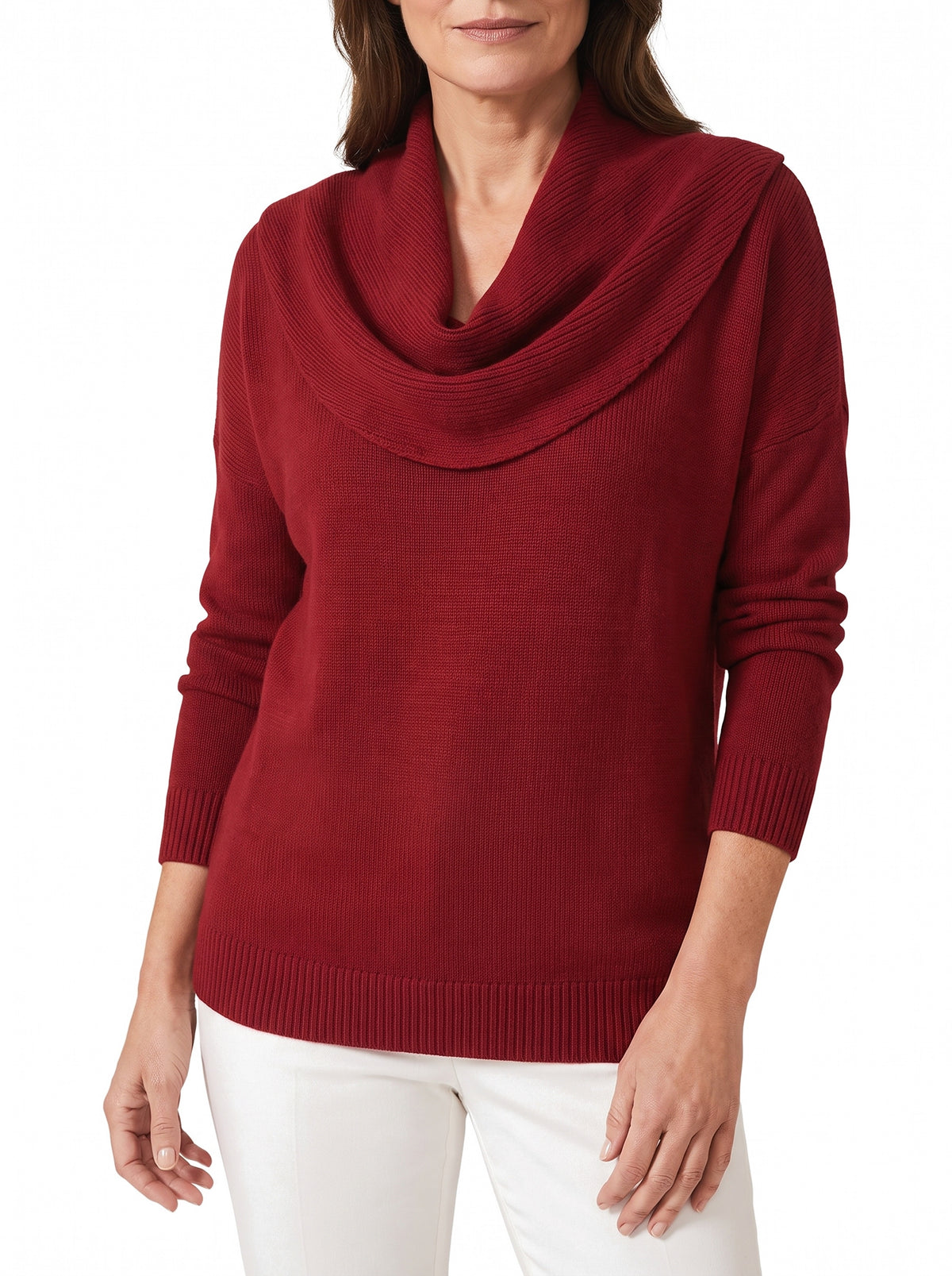 Women's draped cowl neck cotton jumper in deep red