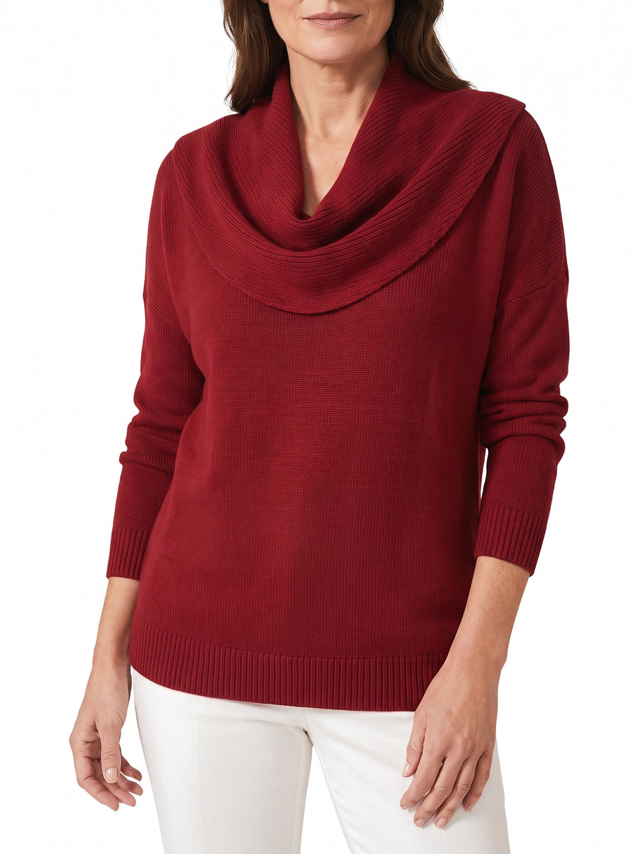Women's draped cowl neck cotton jumper in deep red