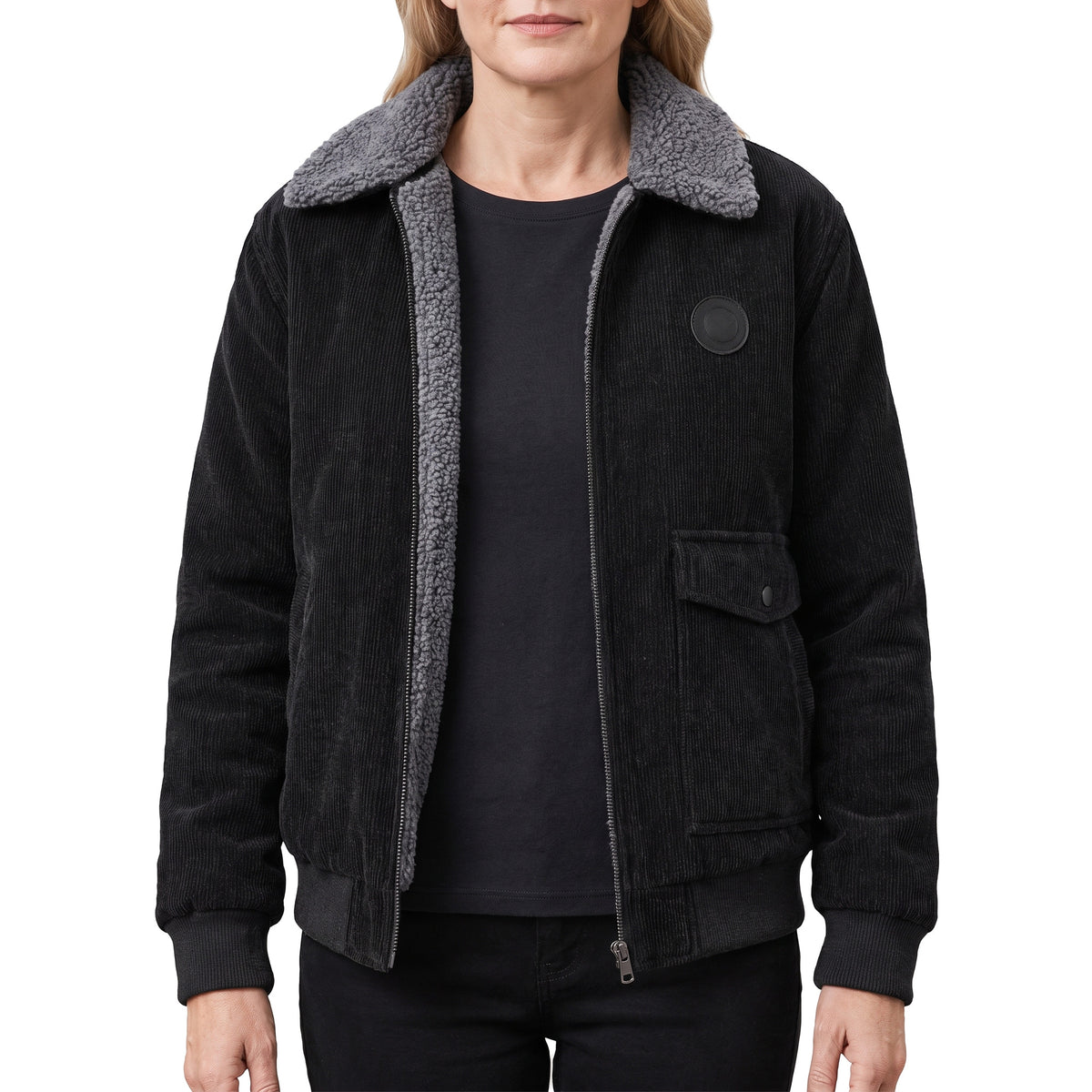 June Women's Fleece-Lined Ribbed-Cuff Zip Jacket in black
