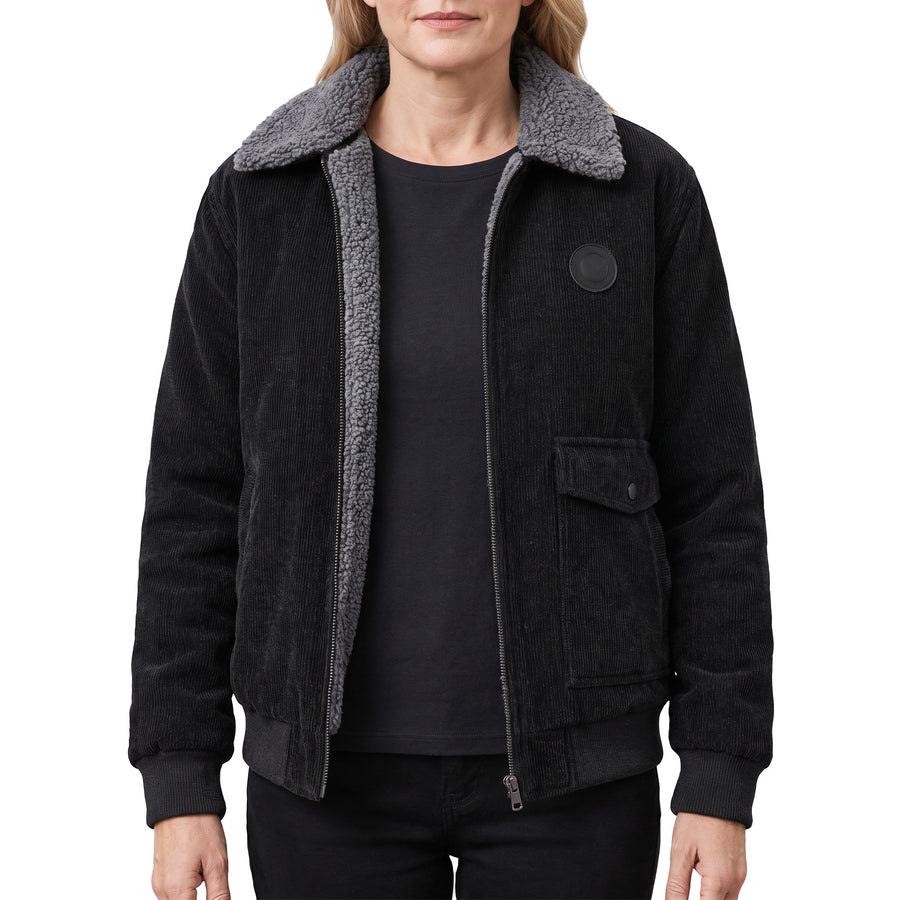 June Women's Fleece-Lined Ribbed-Cuff Zip Jacket in black
