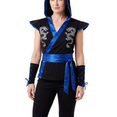 Women's hooded three-piece ninja costume set in black with royal blue trim