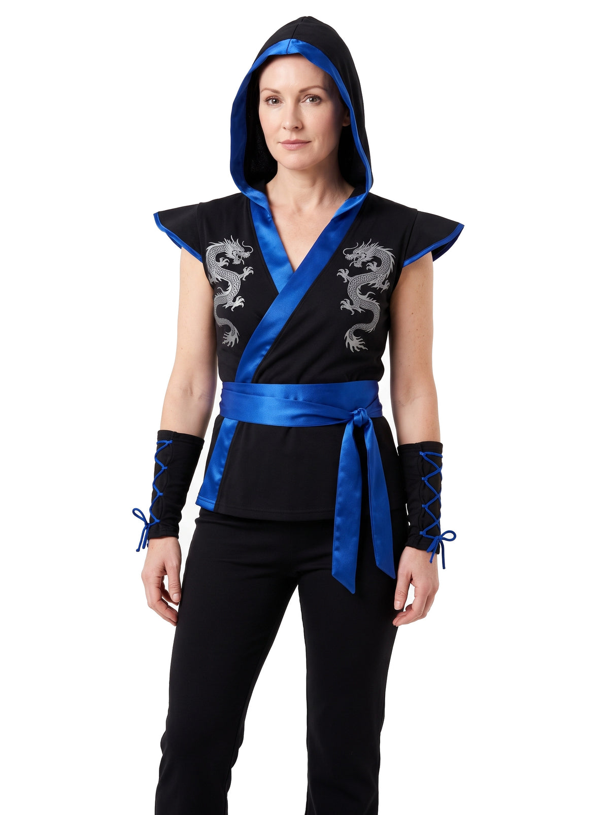 Women's hooded three-piece ninja costume set in black with royal blue trim