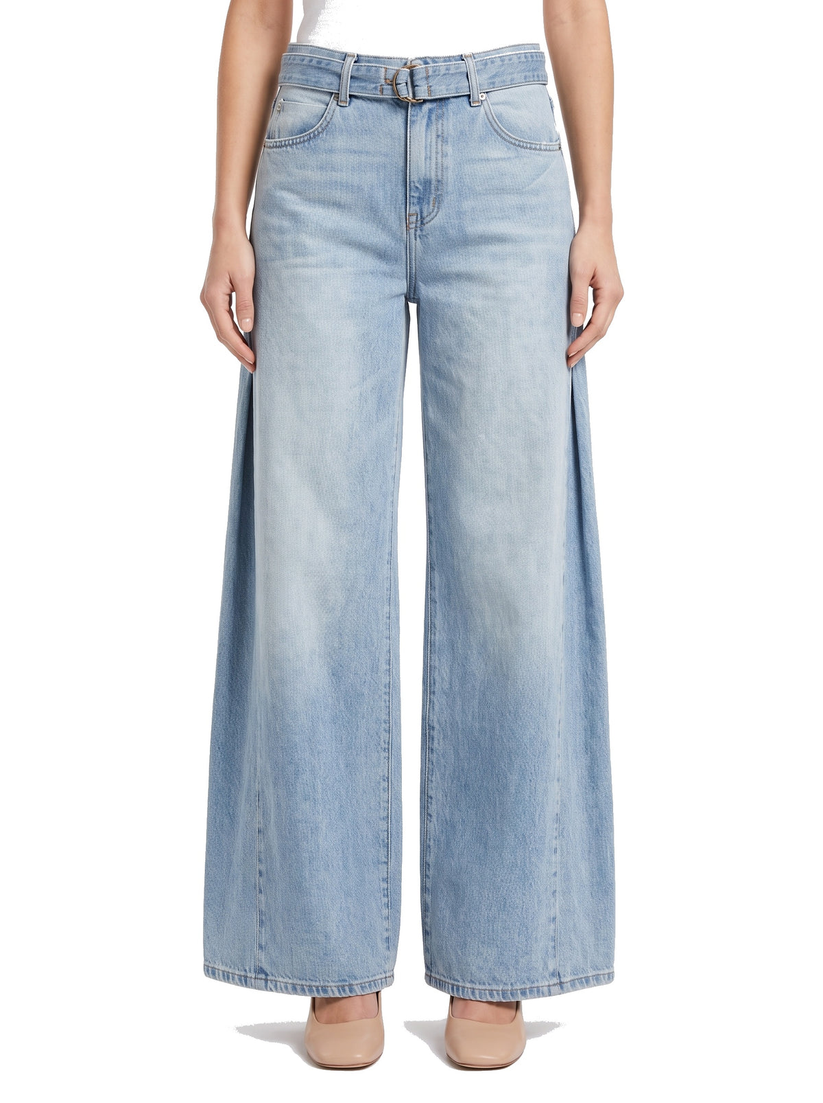 Lorraine pleated wide-leg denim jeans with waist belt, light blue