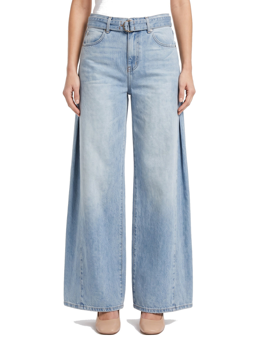 Lorraine pleated wide-leg denim jeans with waist belt, light blue