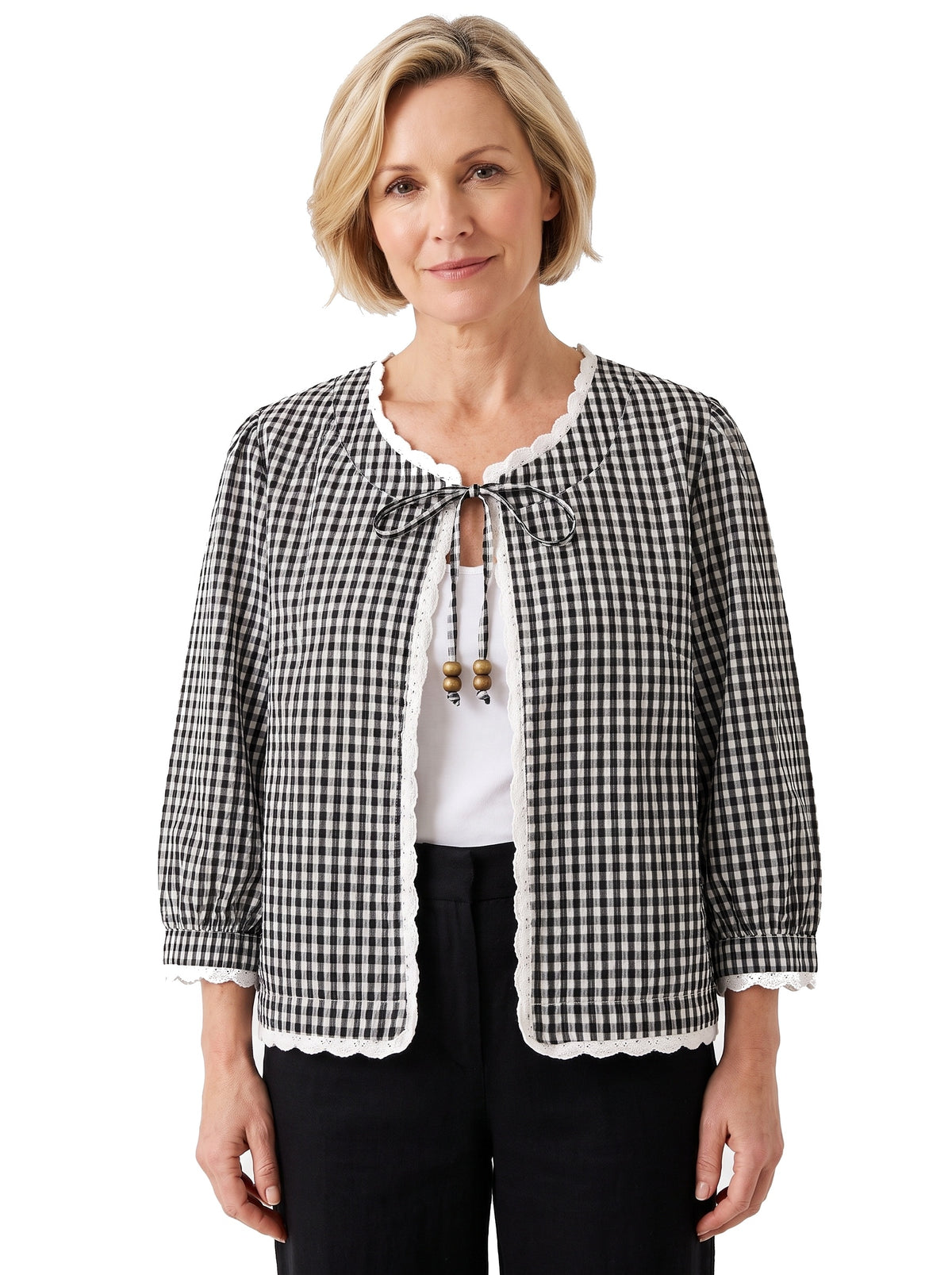 Lottie women's vichy check lace-trim balloon-sleeve blouse worn by a model