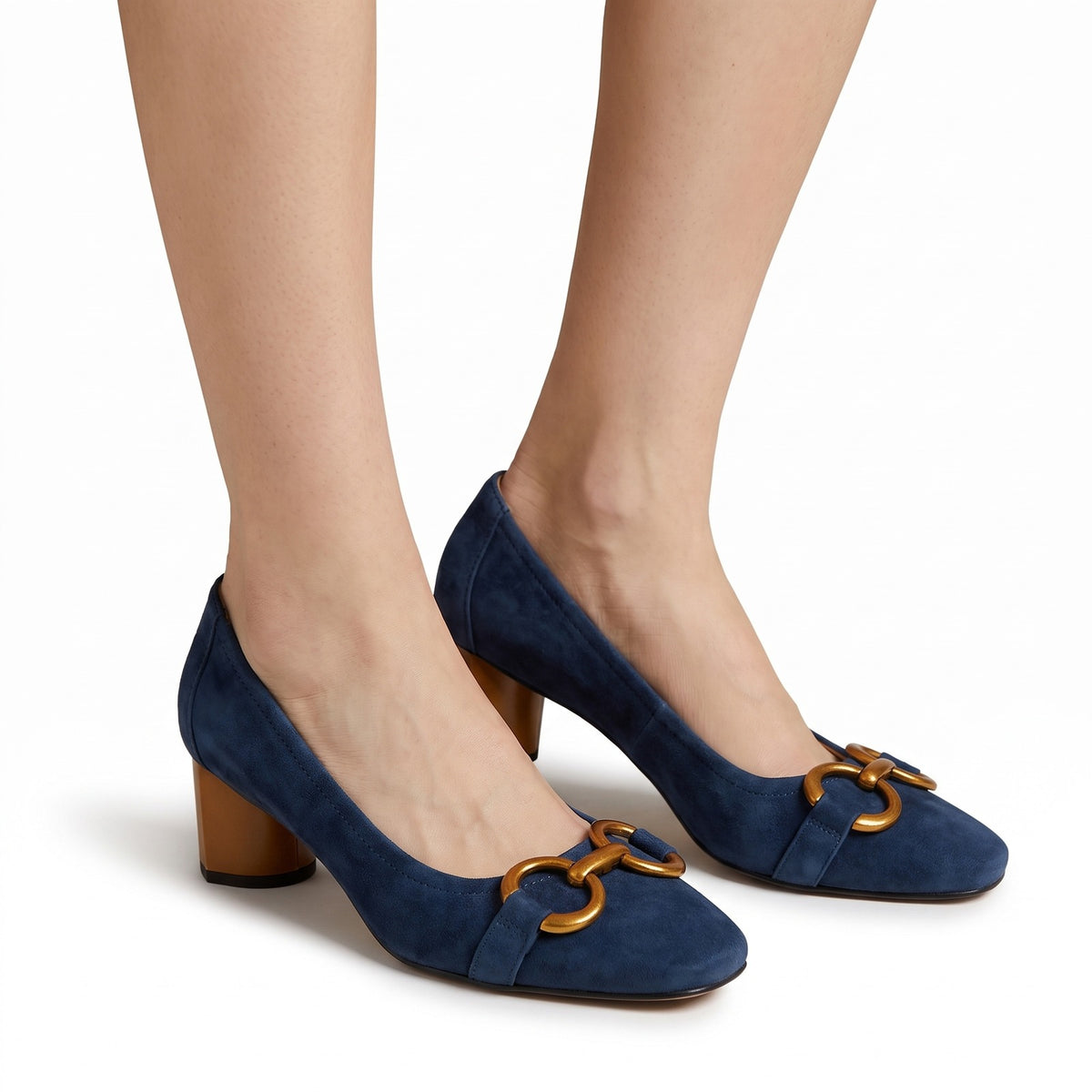 Lucille navy suede block heel square-toe pumps