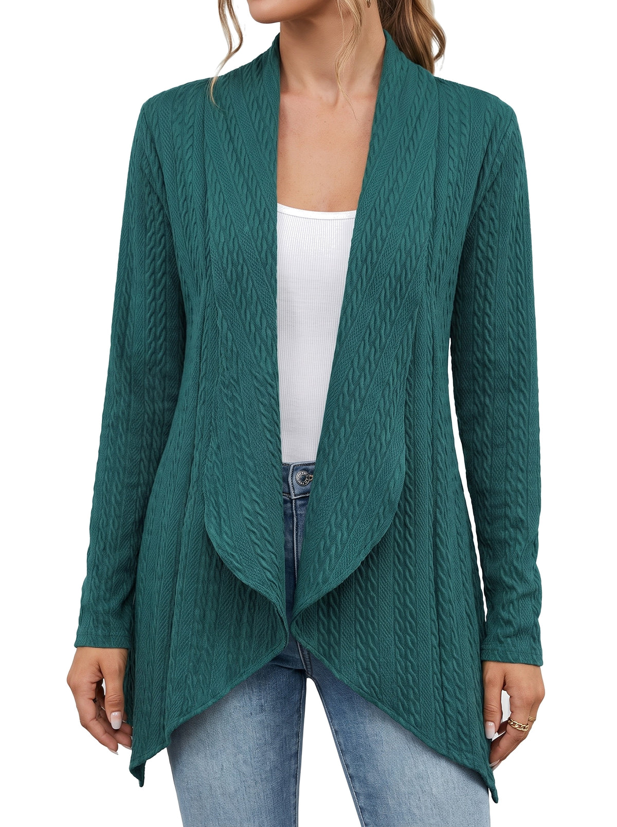 Lydia Women's Open-Front Waterfall Drape Knit Cardigan in teal green