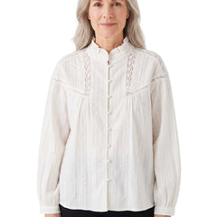 Martha Women's Victorian lace stand-collar blouse in ivory, worn front view