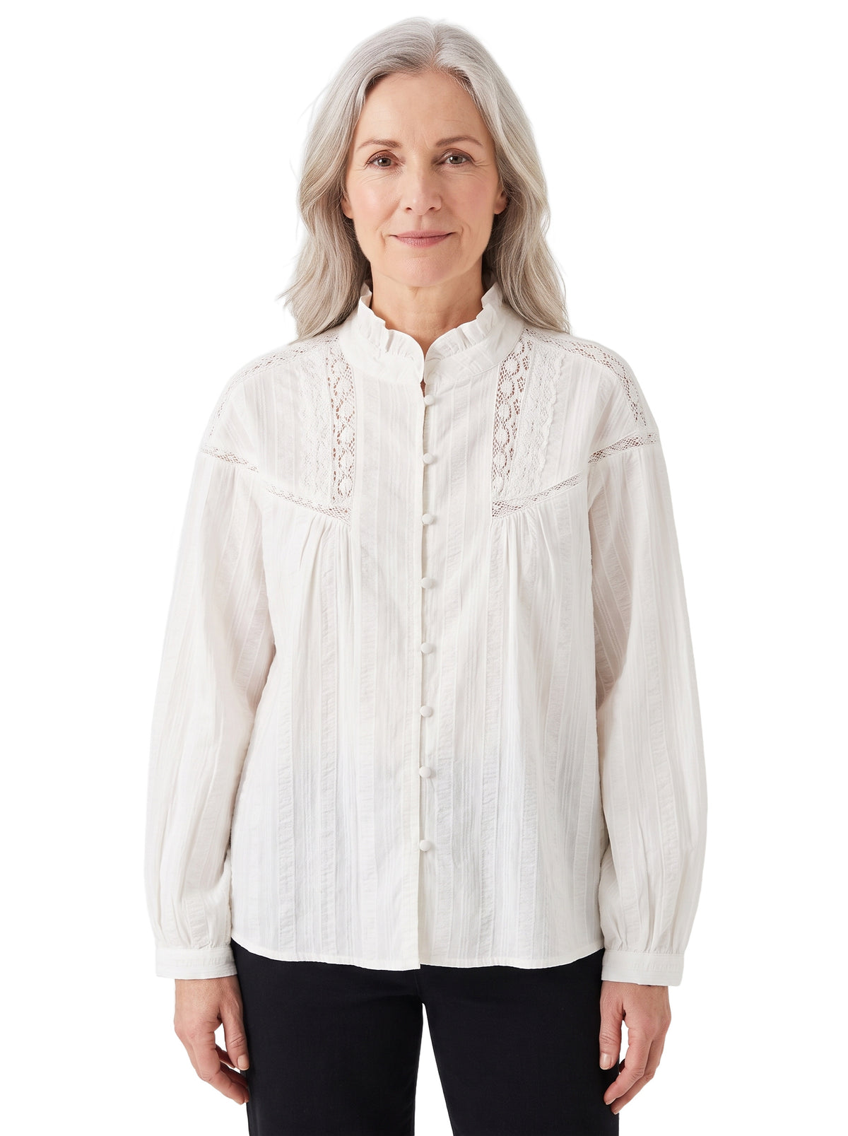 Martha Women's Victorian lace stand-collar blouse in ivory, worn front view
